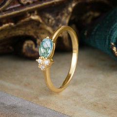 Moss Agate Oval Cut Ring Nature Look with Side Stones