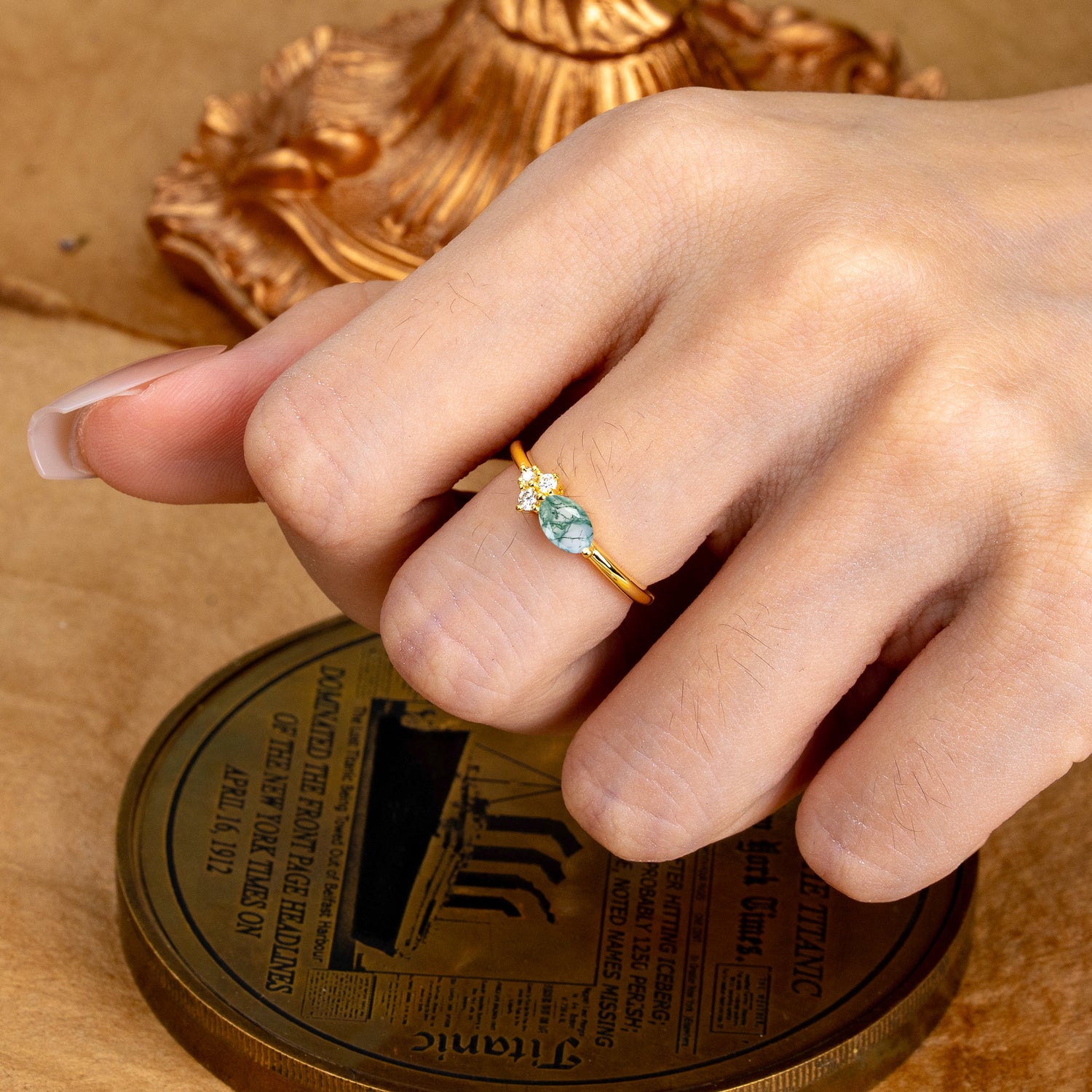 Moss Agate Oval Cut Engagement Ring Nature Look with Side Stones
