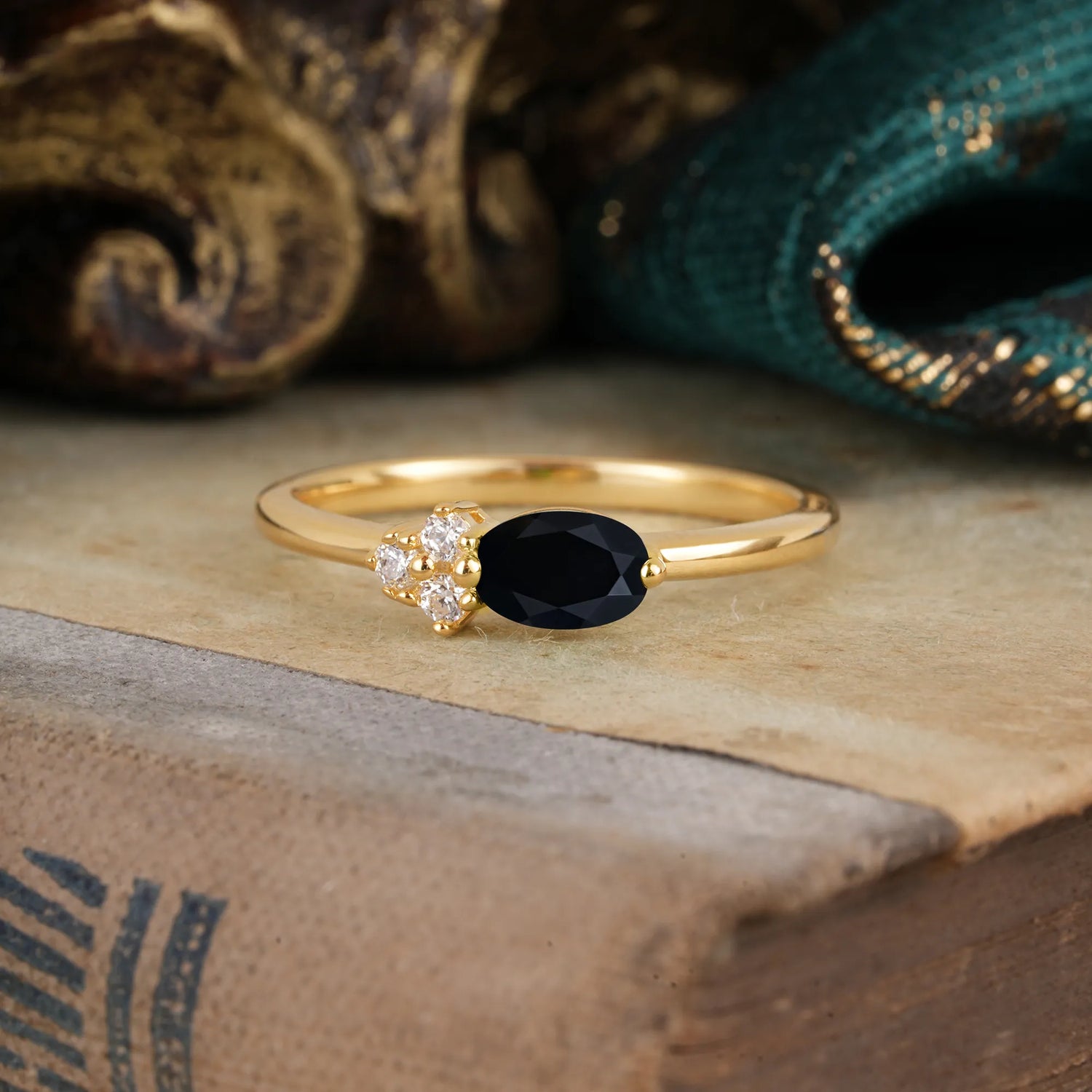 Black Onyx Oval Cut Engagement Ring with Side Stone Bold Promise Style