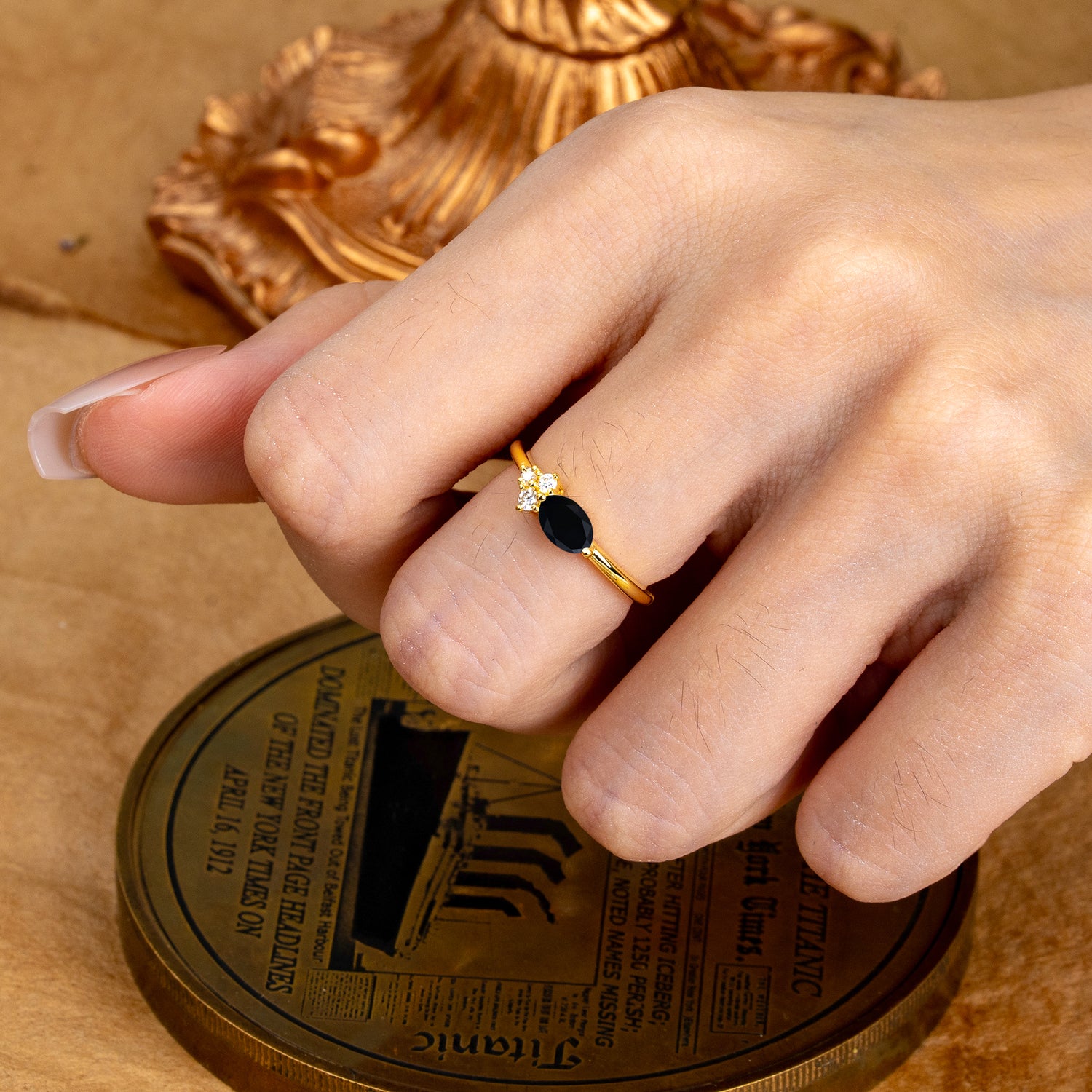 Black Onyx Oval Cut Engagement Ring with Side Stone Bold Promise Style