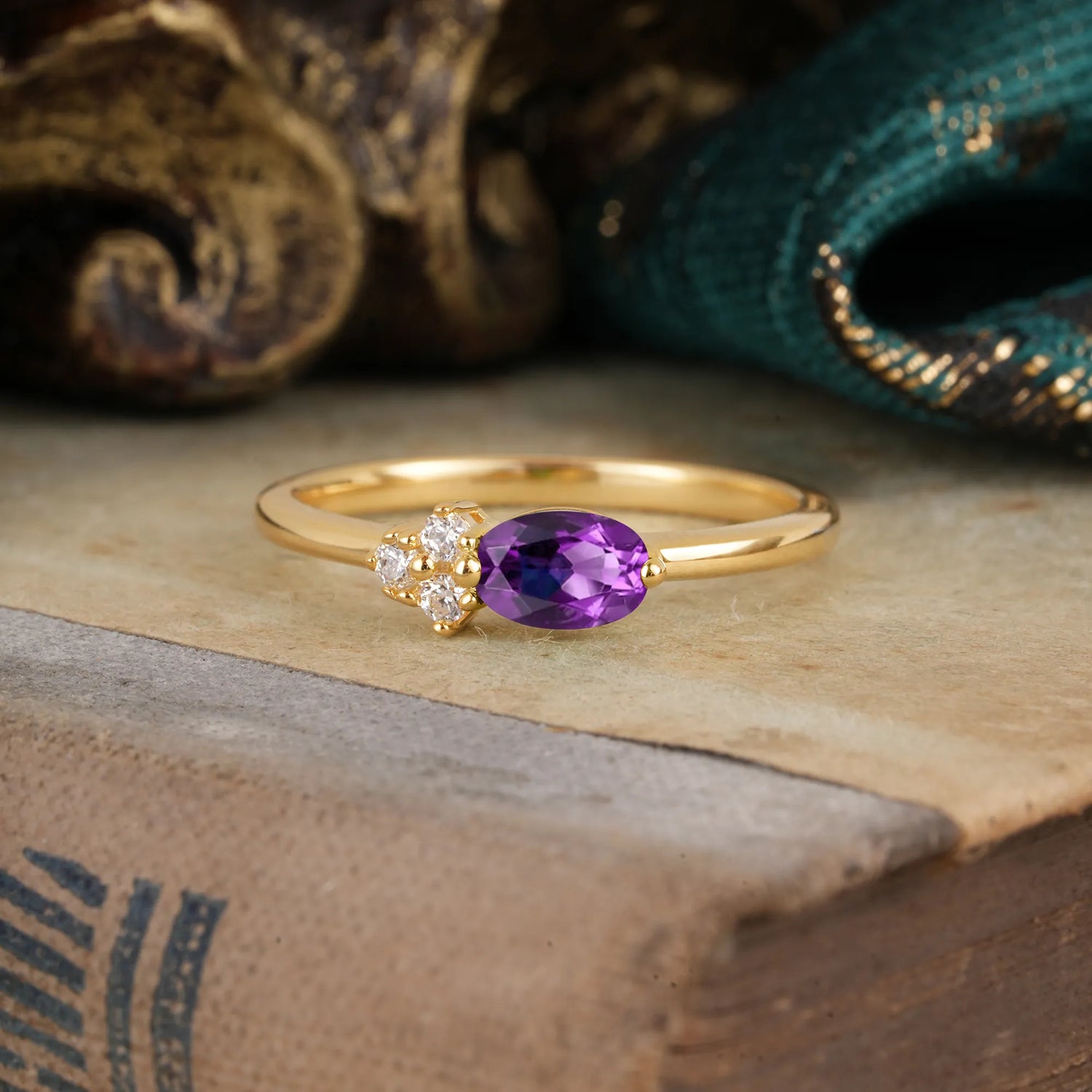 Romantic Amethyst Oval Engagement Ring  with Side Stones for Women