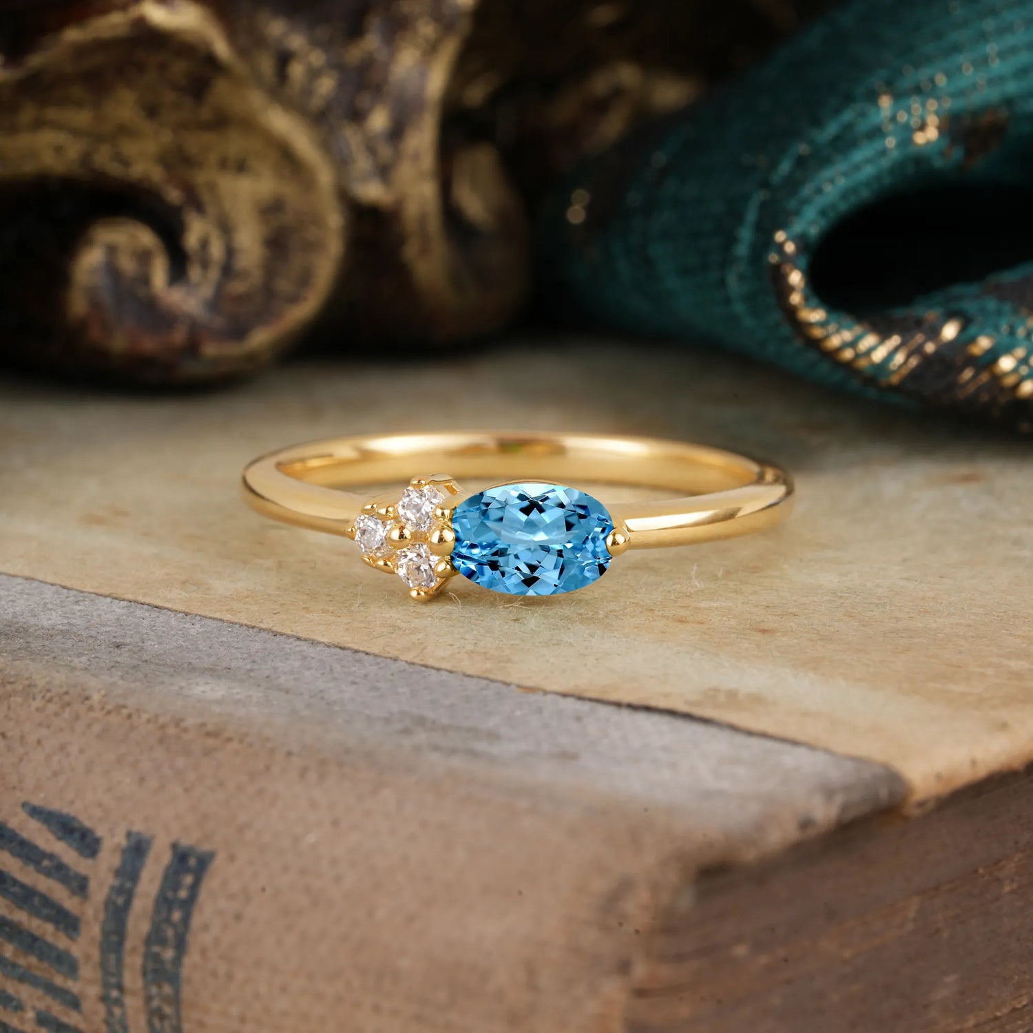 Aquamarine Oval Cut Engagement Ring with Side Stone Minimalist Style