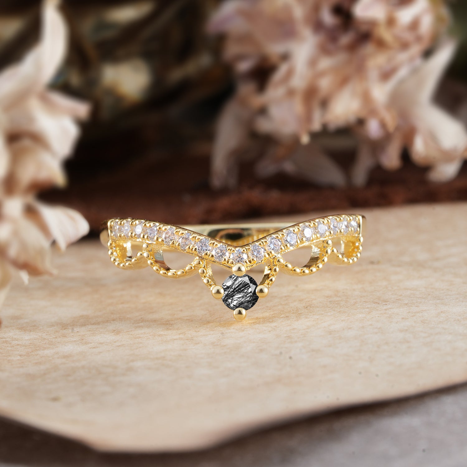Princess Queen Crown Tiara Ring Unique Black Rutilated Quartz Band Ring
