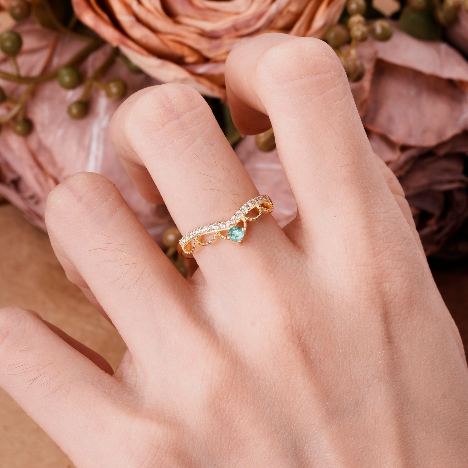 Princess Queen Crown Tiara Ring Unique Moss Agate Band Ring