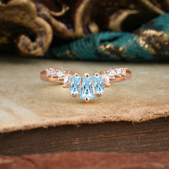 Baguette Cut Aquamarine Half Eternity Curved Wedding Band Stacking Ring