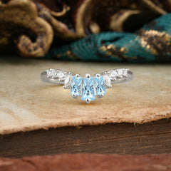 Baguette Cut Aquamarine Half Eternity Curved Wedding Band Stacking Ring