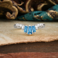 Baguette Cut Aquamarine Half Eternity Curved Wedding Band Stacking Ring