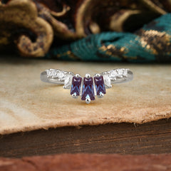 Baguette Cut Alexandrite Half Eternity Curved Wedding Band Stacking Ring