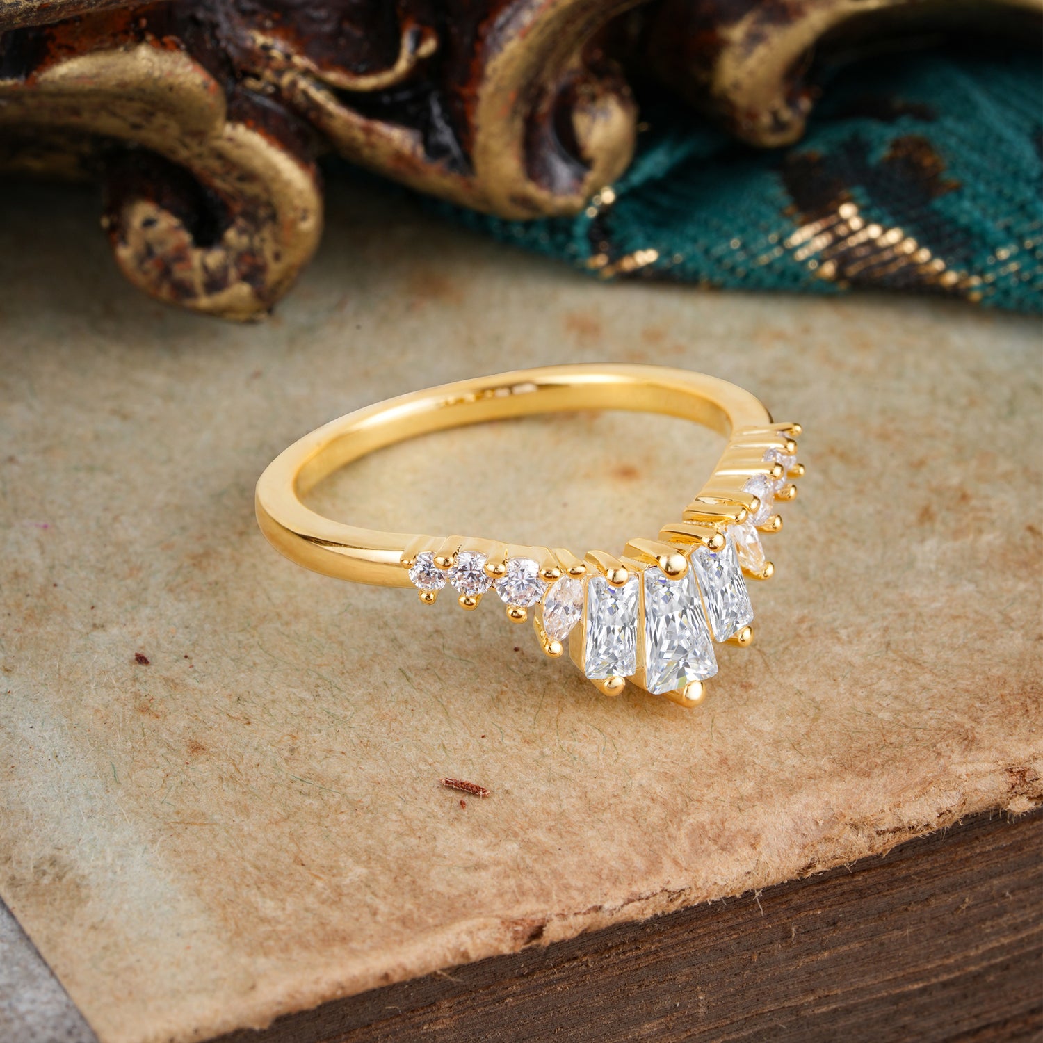 Baguette Cut Moissanite Half Eternity Curved Wedding Band