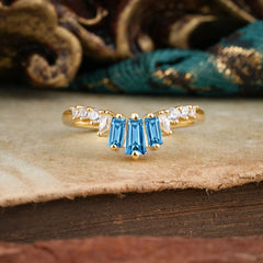 Baguette Cut Aquamarine Half Eternity Curved Wedding Band Stacking Ring