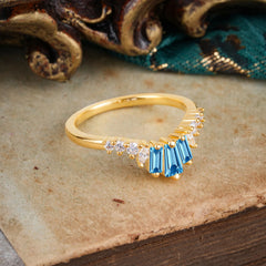 Baguette Cut Aquamarine Half Eternity Curved Wedding Band Stacking Ring