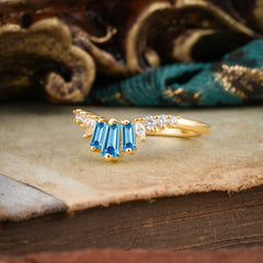 Baguette Cut Aquamarine Half Eternity Curved Wedding Band Stacking Ring