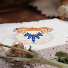 Marquise Cut Tiara Sapphire Curved Wedding Band Stacking Ring