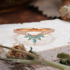 Marquise Cut Tiara Natural Moss Agate Curved Wedding Band Stacking Ring