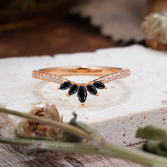 Marquise Cut Tiara Black Onyx Curved Wedding Band Stacking Ring