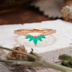 Marquise Cut Tiara Emerald Curved Wedding Band Stacking Ring