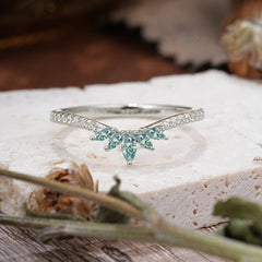 Marquise Cut Tiara Natural Moss Agate Curved Wedding Band Stacking Ring