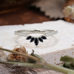 Marquise Cut Tiara Black Onyx Curved Wedding Band Stacking Ring