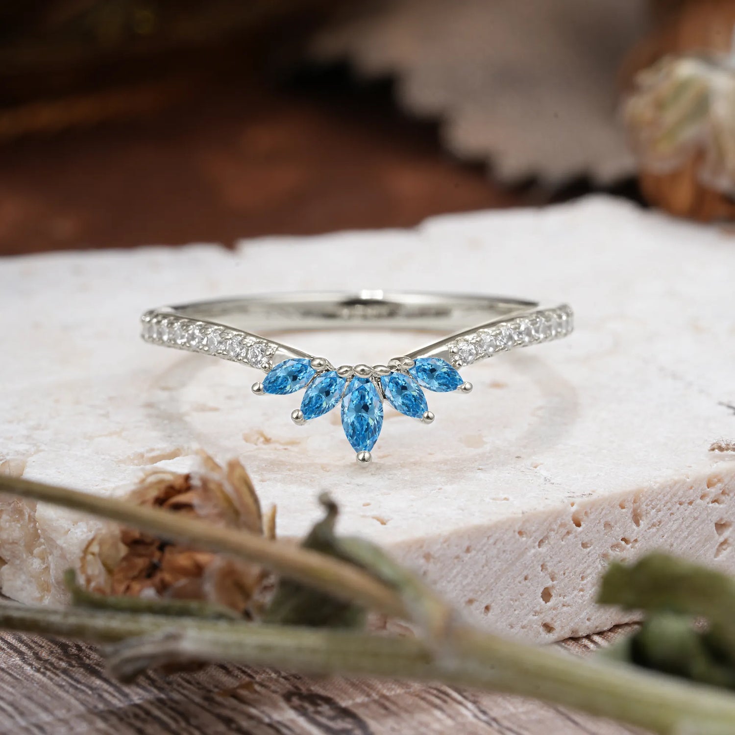 Marquise Cut Tiara Aquamarine Curved Wedding Band Stacking Ring