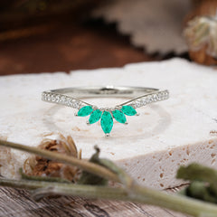 Marquise Cut Tiara Emerald Curved Wedding Band Stacking Ring