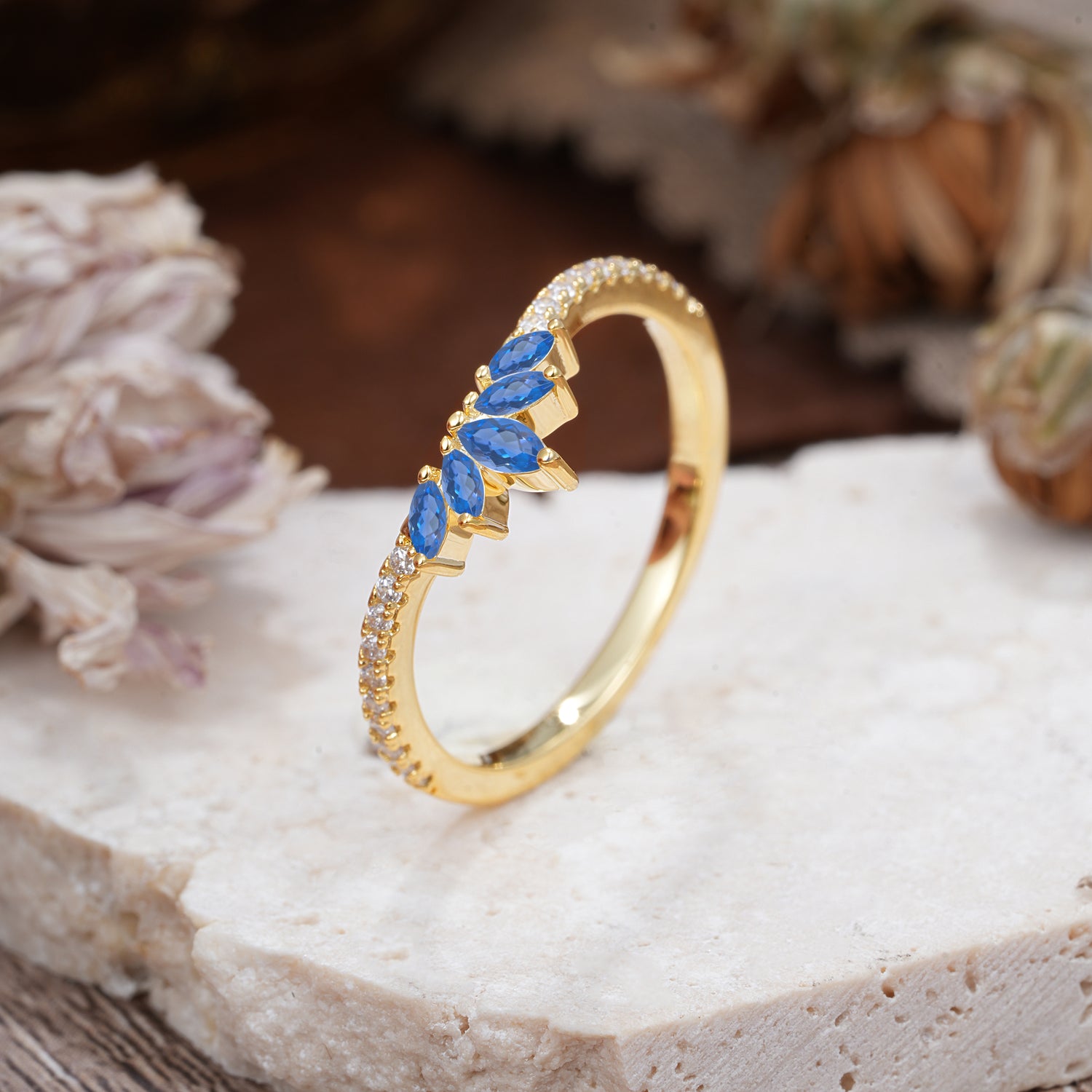 Marquise Cut Tiara Sapphire Curved Wedding Band Stacking Ring