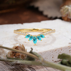 Marquise Cut Tiara Turquoise Curved Wedding Band Stacking Ring