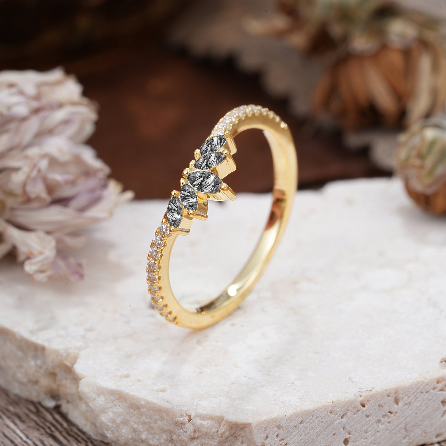 Marquise Cut Tiara Black Rutilated Quartz Curved Wedding Band Stacking Ring