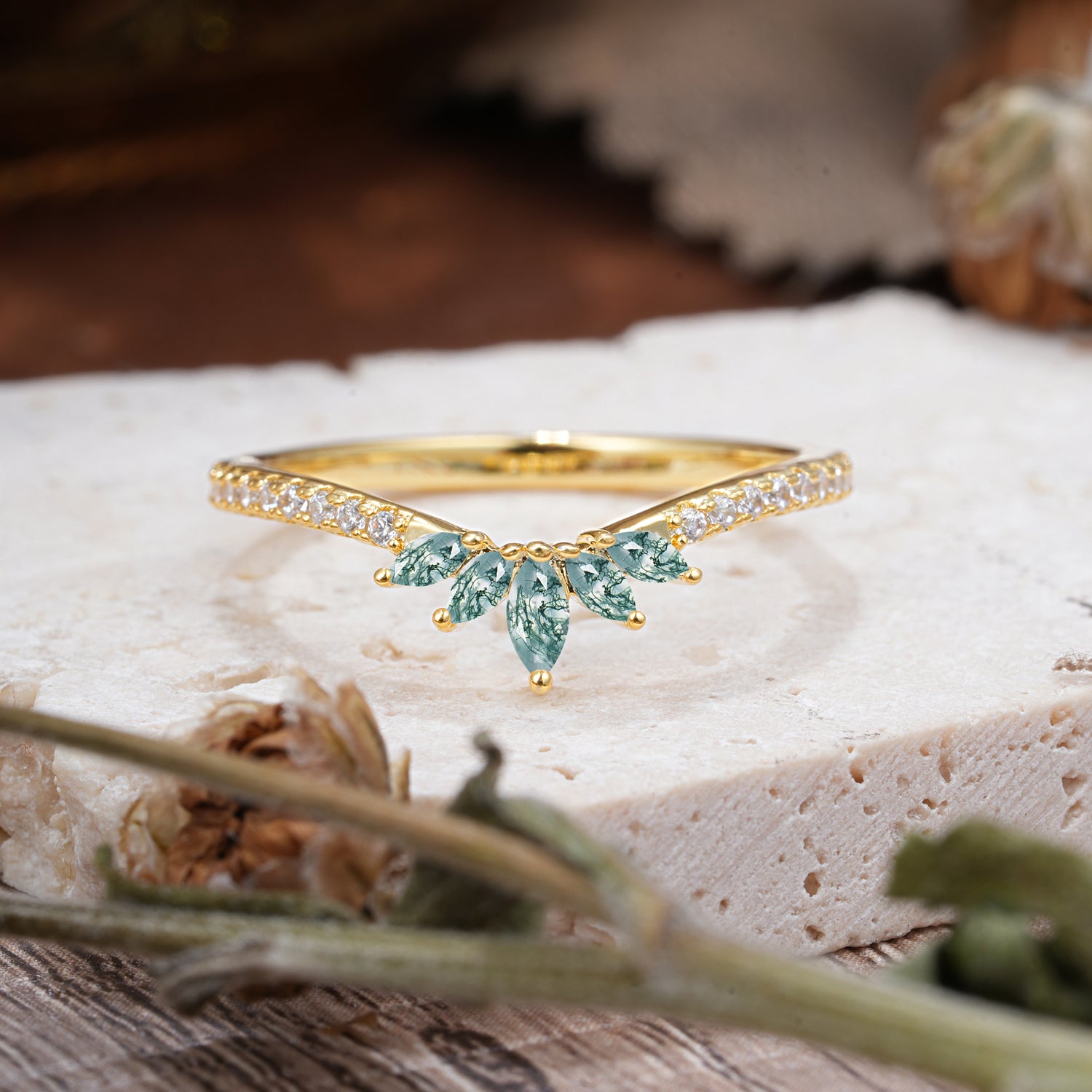 Marquise Cut Tiara Natural Moss Agate Curved Wedding Band Stacking Ring