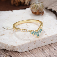 Marquise Cut Tiara Natural Moss Agate Curved Wedding Band Stacking Ring