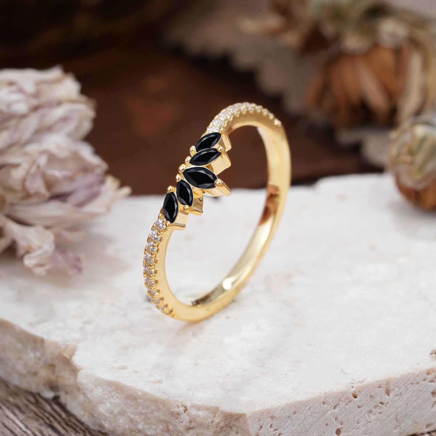 Marquise Cut Tiara Black Onyx Curved Wedding Band Stacking Ring