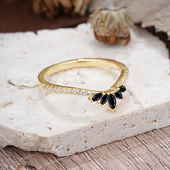 Marquise Cut Tiara Black Onyx Curved Wedding Band Stacking Ring