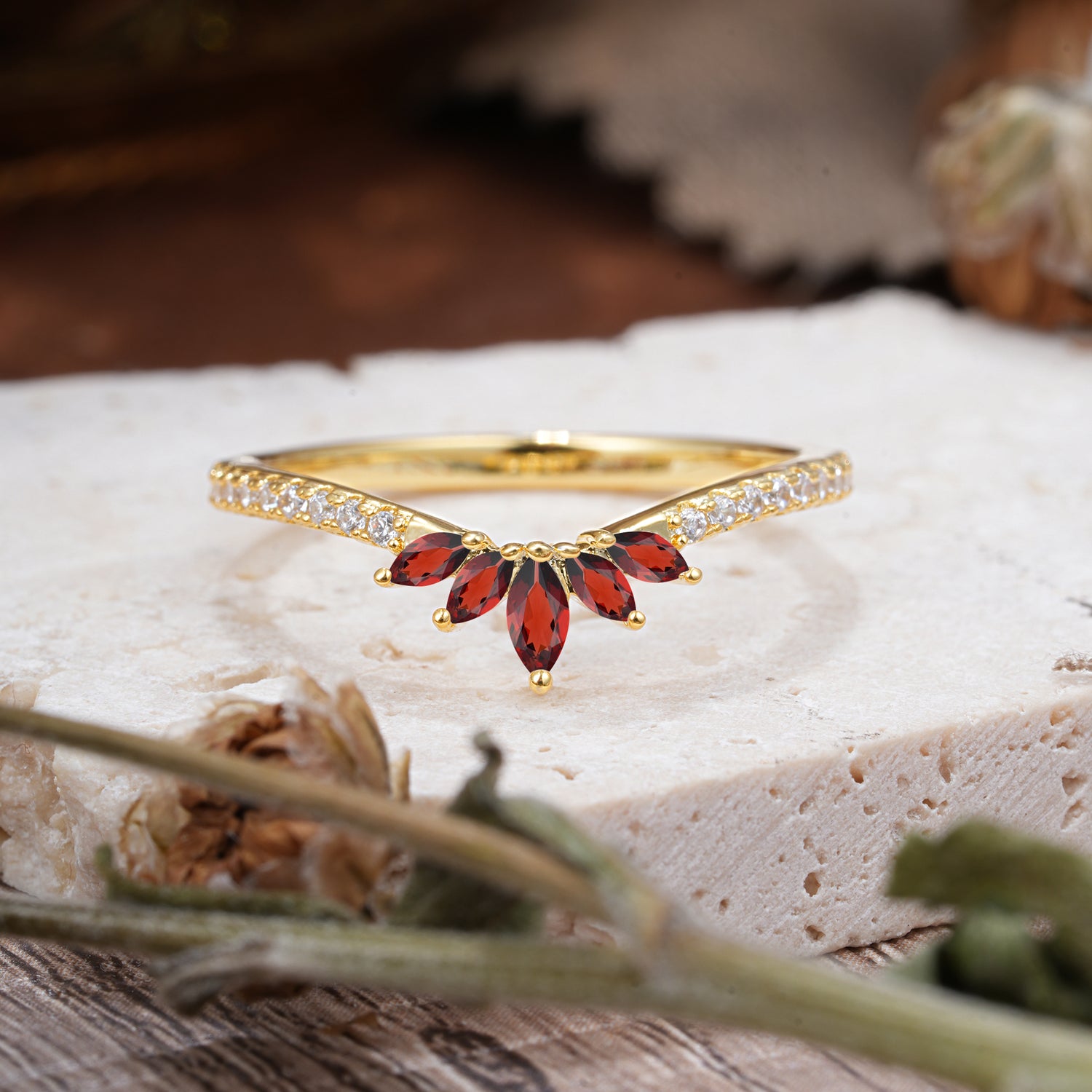 Marquise Cut Tiara Garnet Curved Wedding Band Stacking Ring