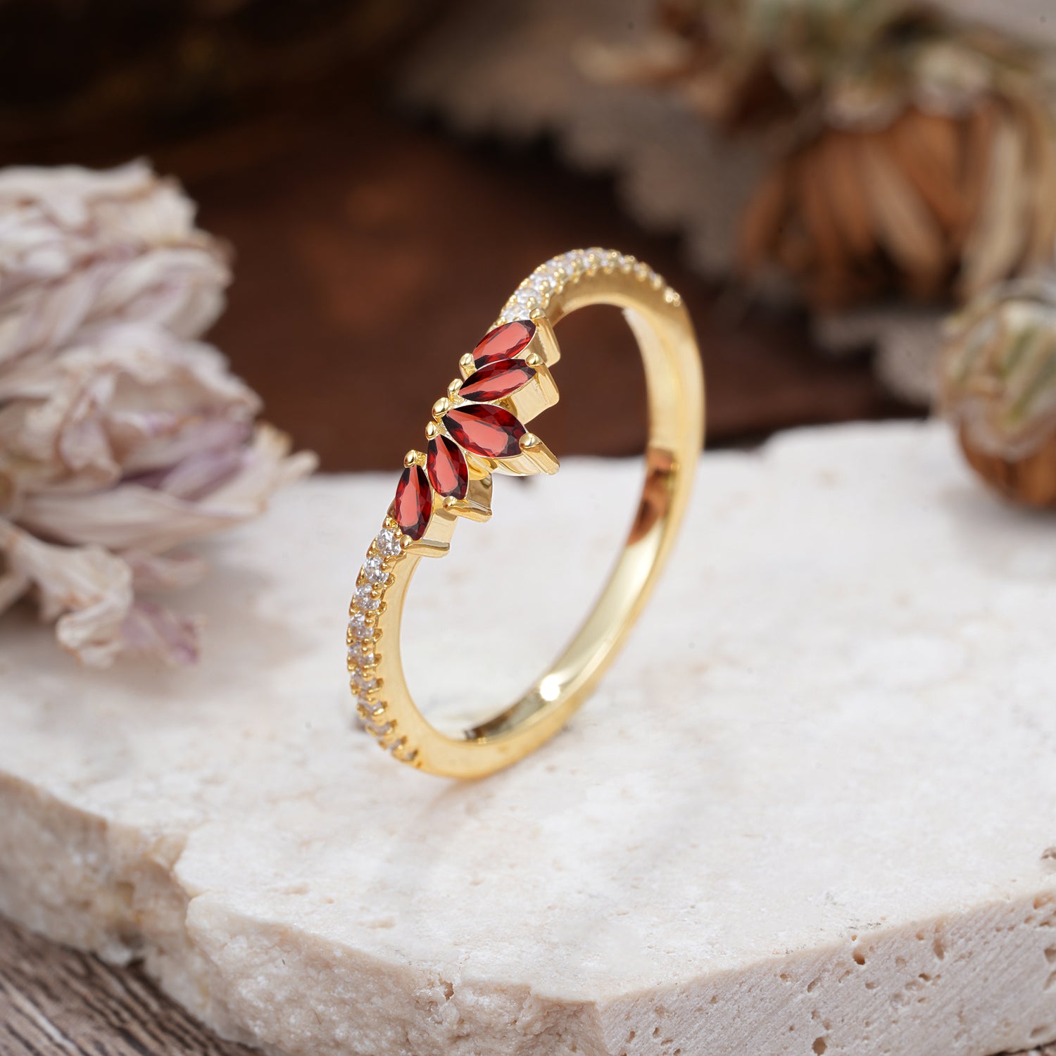 Marquise Cut Tiara Garnet Curved Wedding Band Stacking Ring