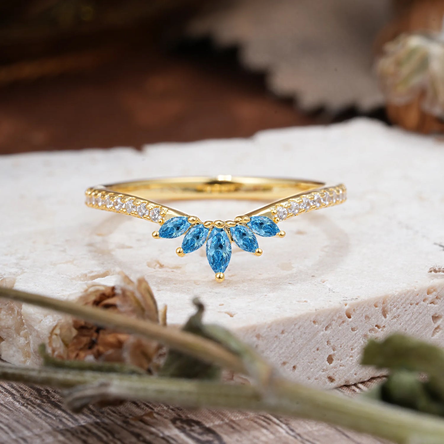 Marquise Cut Tiara Aquamarine Curved Wedding Band Stacking Ring