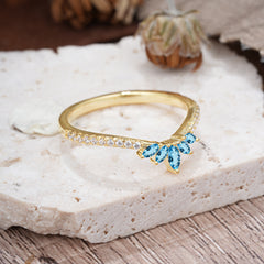 Marquise Cut Tiara Aquamarine Curved Wedding Band Stacking Ring
