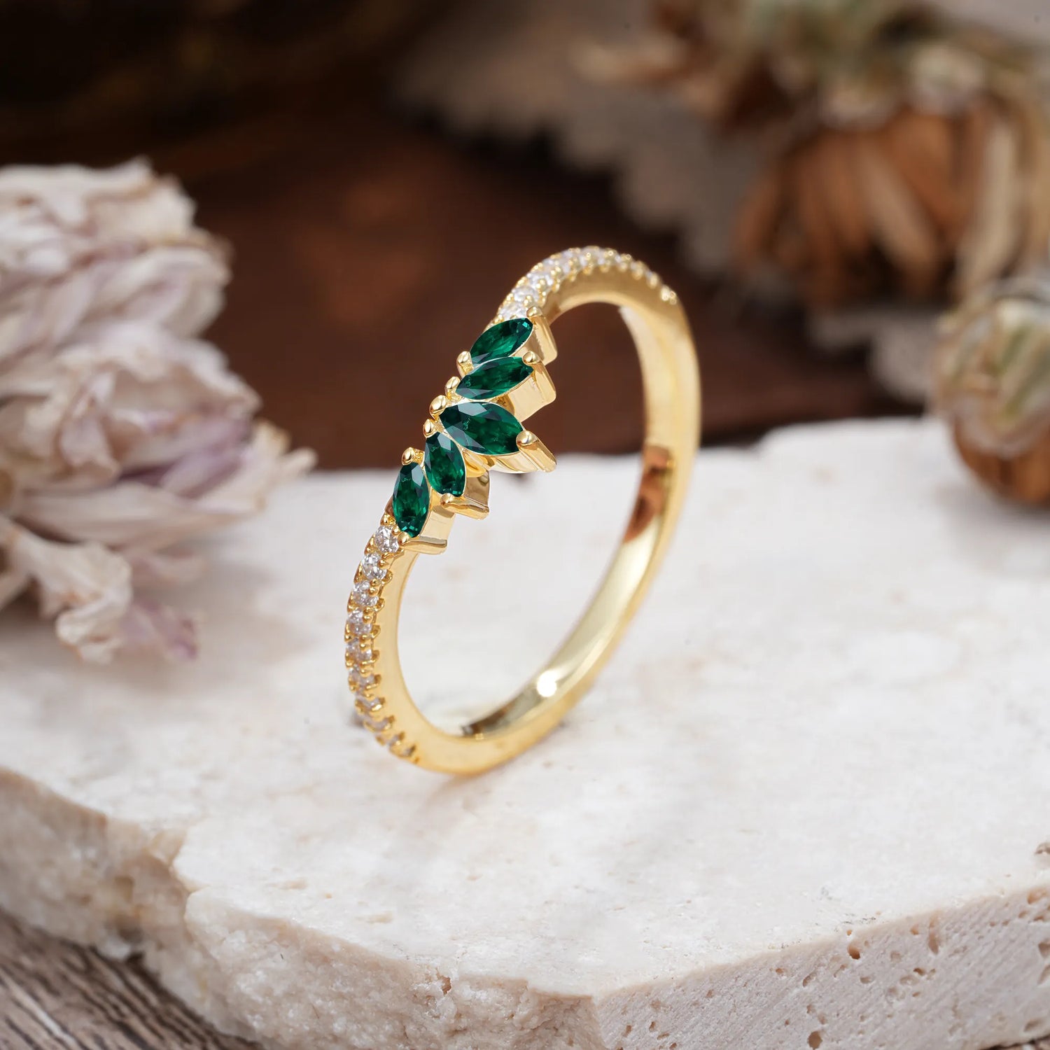 Marquise Cut Tiara Emerald Curved Wedding Band Stacking Ring
