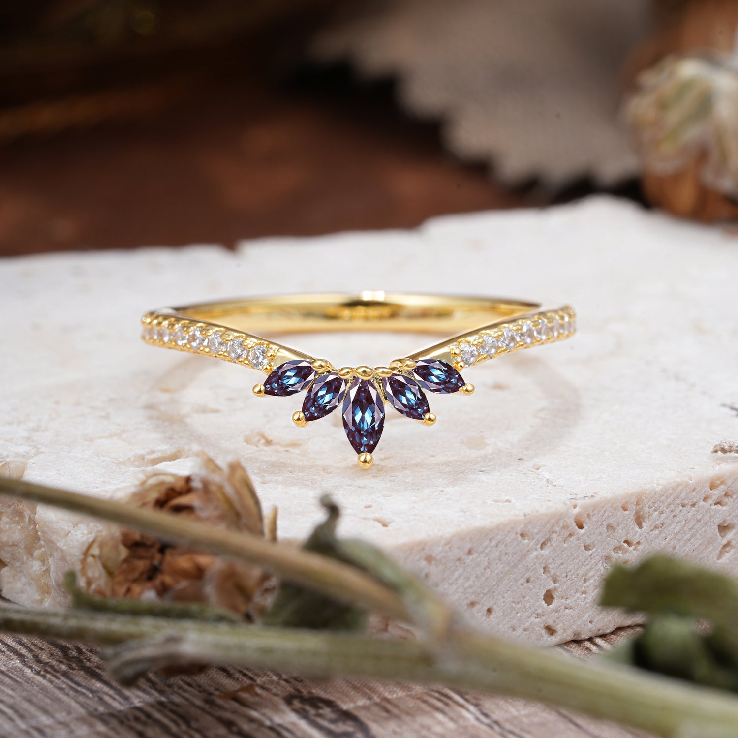 Marquise Cut Tiara Alexandrite Curved Wedding Band Stacking Ring