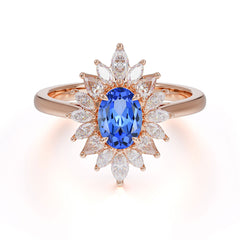 1 Carat Oval Cut Cluster Sapphire Engagement Ring Vintage Halo Bridal Ring