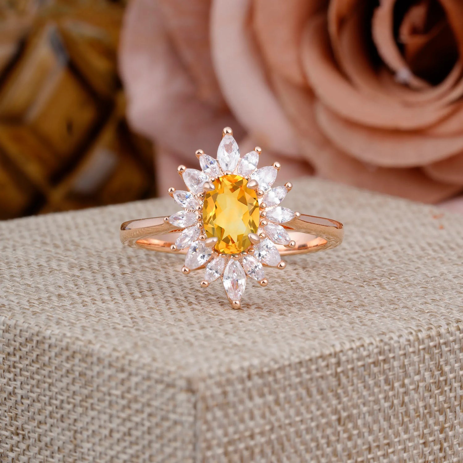 1 Carat Oval Cut Cluster Flower Citrine Halo Engagement Ring