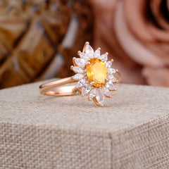 1 Carat Oval Cut Cluster Citrine Engagement Ring Vintage Halo Bridal Ring