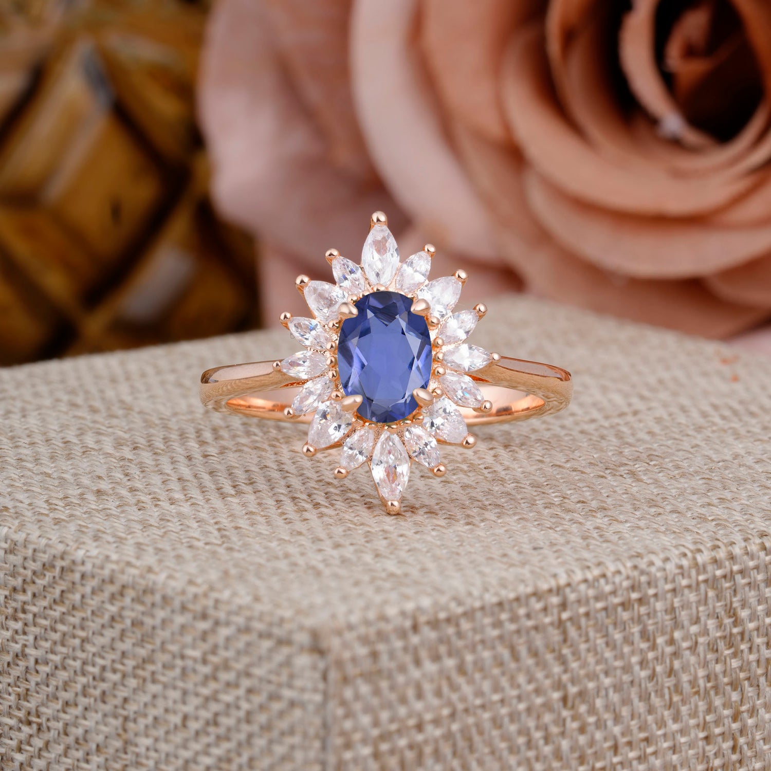 1 Carat Oval Cut Cluster Tanzanite Halo Engagement Ring - Romalar Jewelry