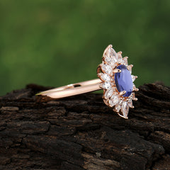 1 Carat Oval Cut Cluster Tanzanite Engagement Ring Vintage Halo Bridal Ring