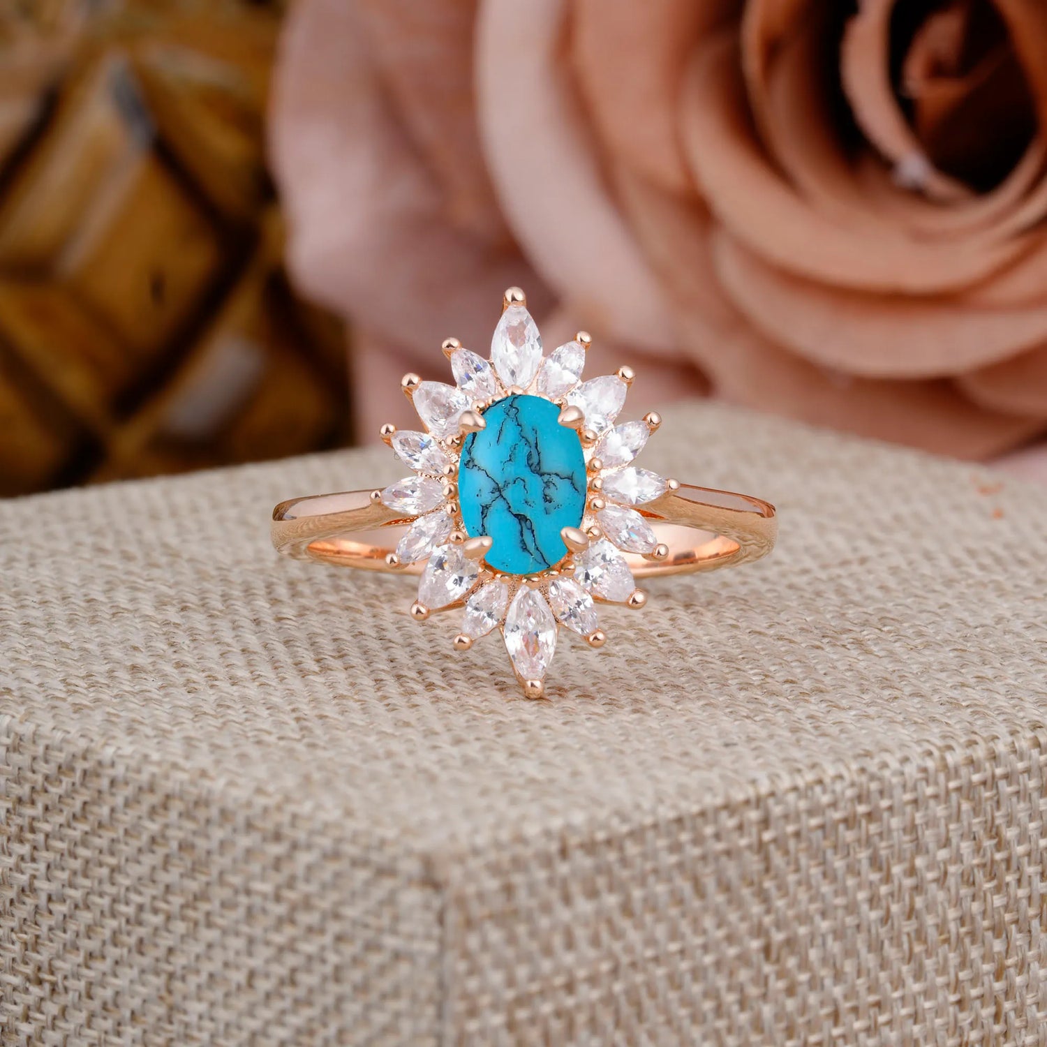 1 Carat Oval Cut Cluster Flower Turquoise Halo Engagement Ring