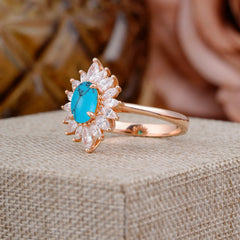 1 Carat Oval Cut Cluster Turquoise Engagement Ring Vintage Halo Bridal Ring