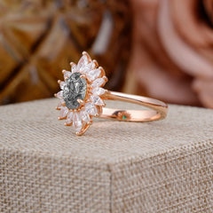 1 Carat Oval Cut Cluster Black Rutilated Quartz Engagement Ring Vintage Halo Bridal Ring