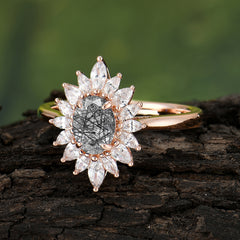 1 Carat Oval Cut Cluster Black Rutilated Quartz Engagement Ring Vintage Halo Bridal Ring