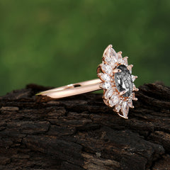 1 Carat Oval Cut Cluster Black Rutilated Quartz Engagement Ring Vintage Halo Bridal Ring
