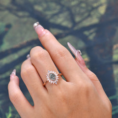 1 Carat Oval Cut Cluster Black Rutilated Quartz Engagement Ring Vintage Halo Bridal Ring