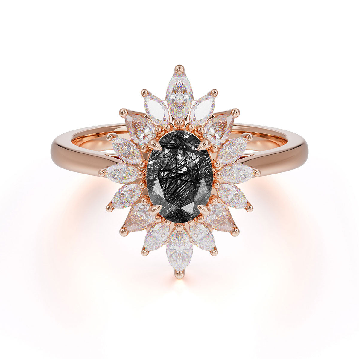 1 Carat Oval Cut Cluster Black Rutilated Quartz Engagement Ring Vintage Halo Bridal Ring