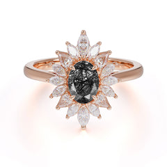 1 Carat Oval Cut Cluster Black Rutilated Quartz Engagement Ring Vintage Halo Bridal Ring